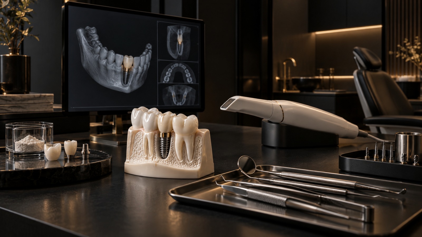 Consultório dentário com modelo de implante, coroas, scanner intraoral e tomografia no monitor